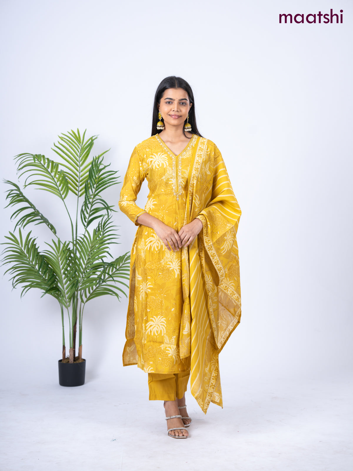 Crepe salwar suit mustard yellow with allover floral prints & embroidery sequin work v neck pattern and straight cut pant & dupatta