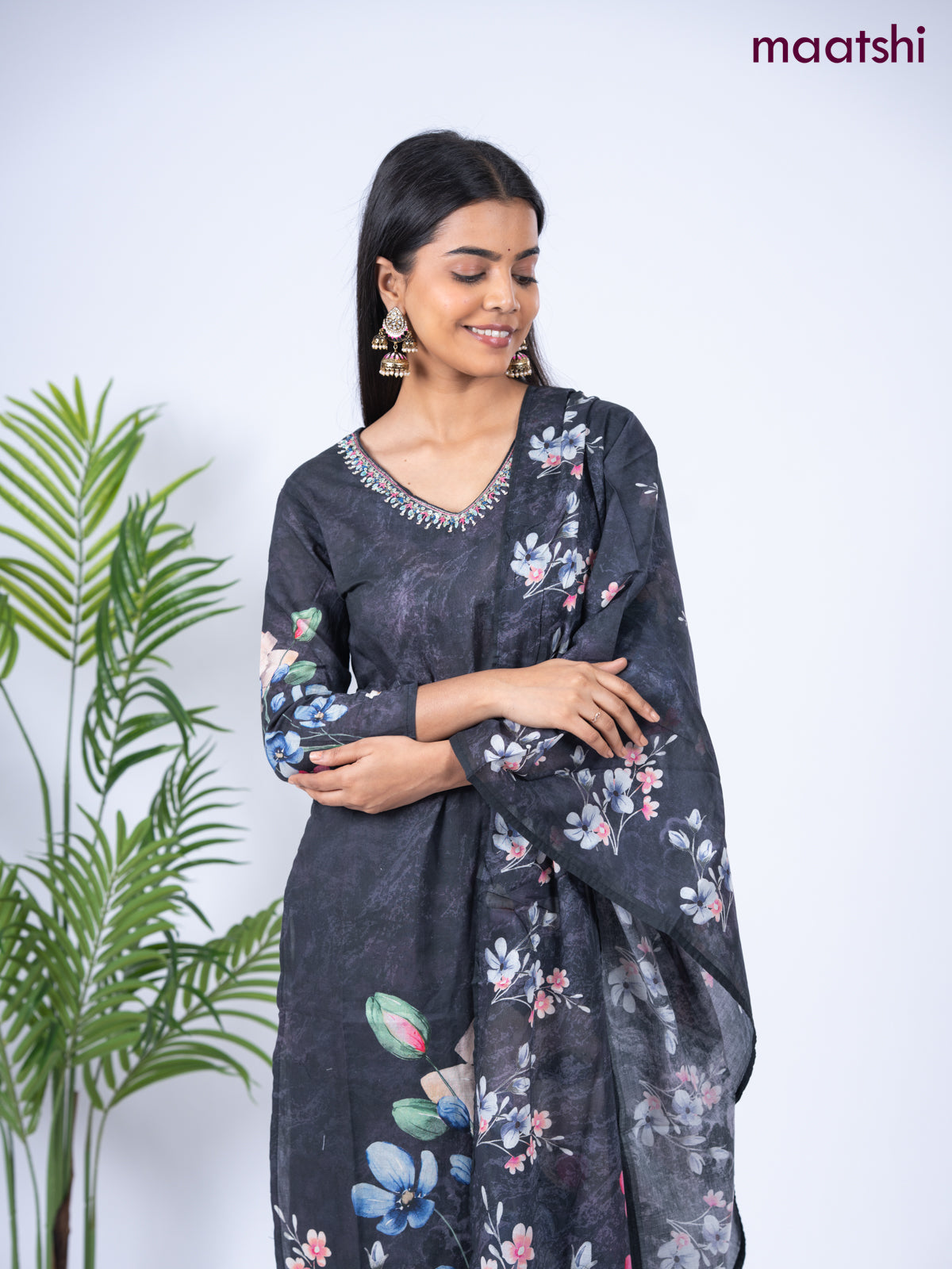Cotton salwar suit elephant grey with placement prints & embroidery sequin work v neck pattern and straight cut pant & dupatta