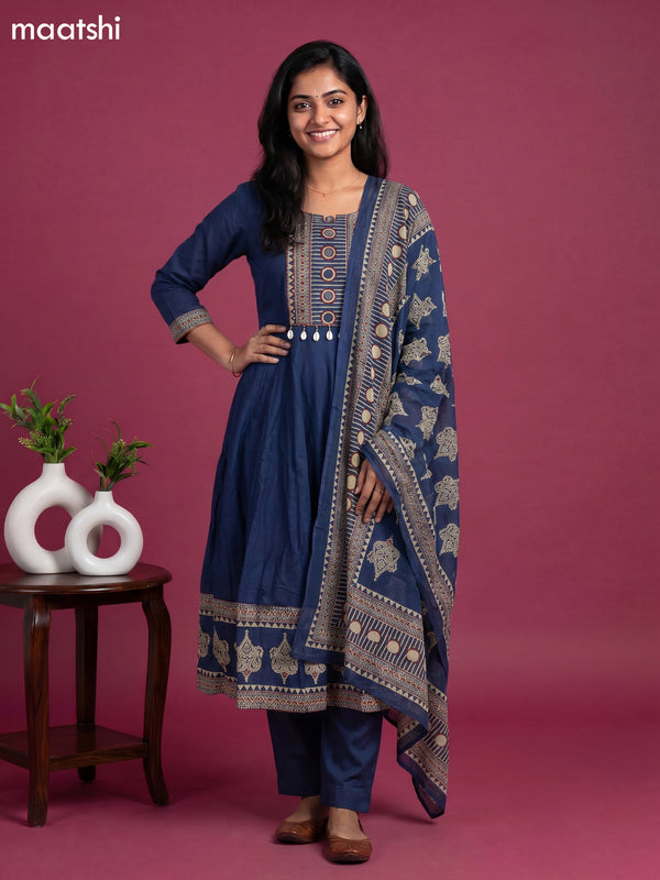 Blue Cotton Printed & Simple Embroidery Work Anarkali Suit