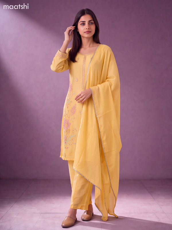 Pale Yellow Art Silk Embroidery Work Straight Suit