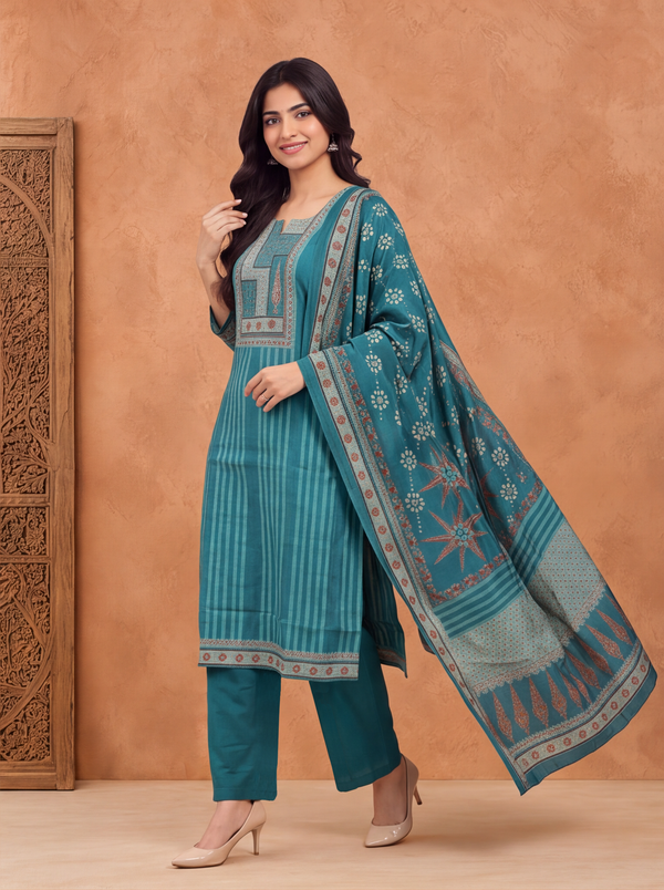 Teal Green Modal Printed & Embroidery Work Straight Suit