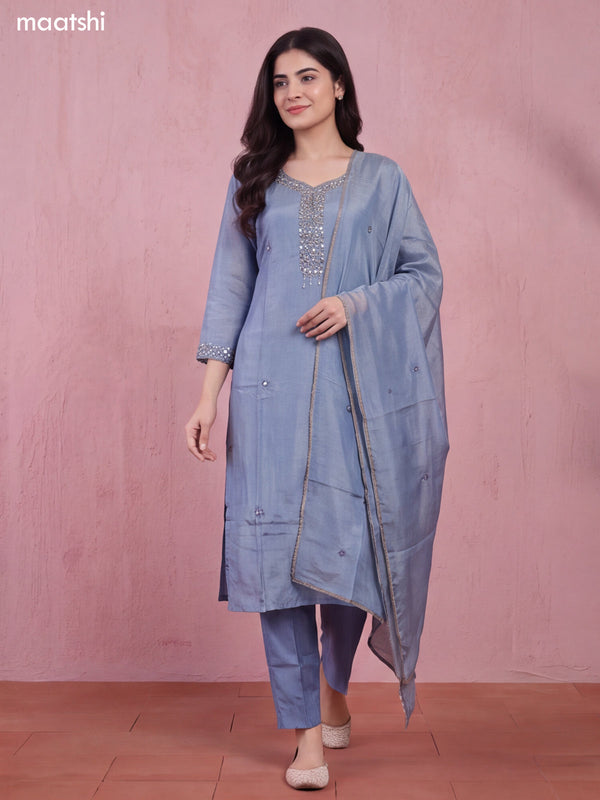 Bluish Grey Tissue Mirror Embroidery Work Straight Suit