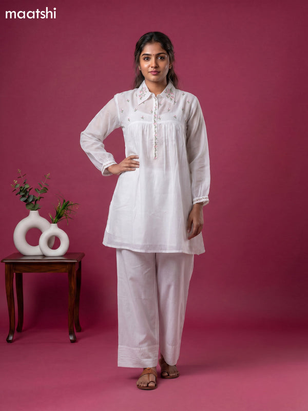 White Cotton Embroidery Work Short Co-Ord Set