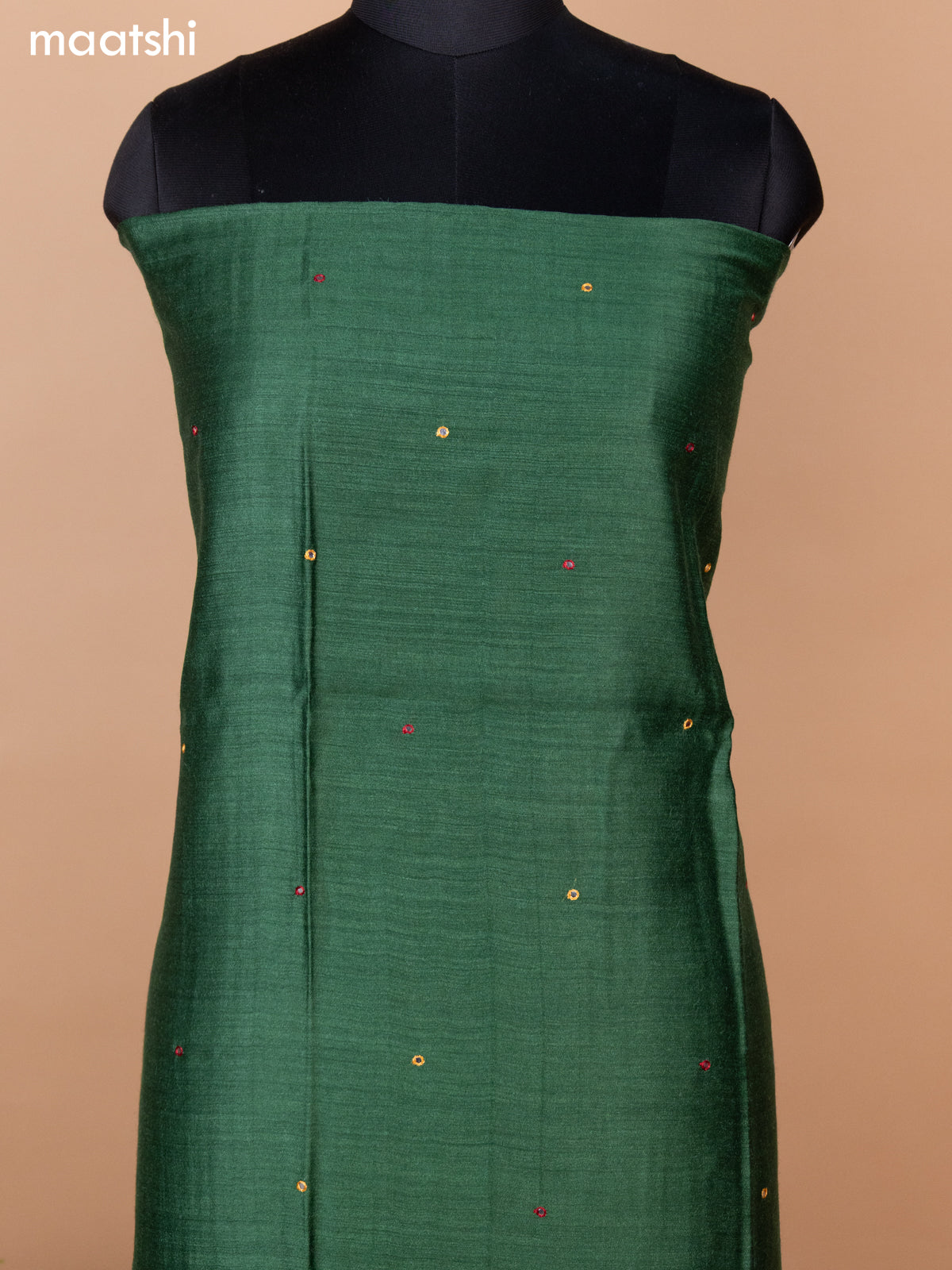 Green and Maroon Pure Tussar Dress Material With Allover Mirror & Kantha Stitch Work