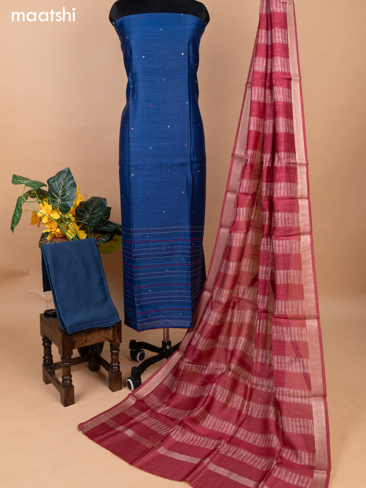 Blue and Maroon Pure Tussar Dress Material With Allover Mirror & Kantha Stitch Work