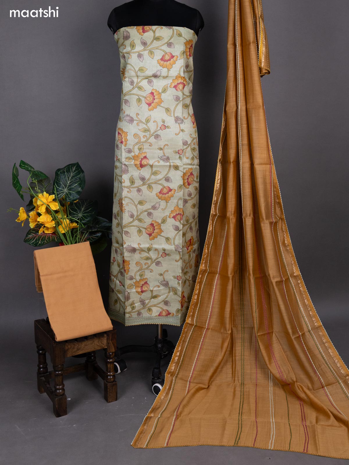 Pista Green and Sandal Pure Tussar Dress Material With Allover Kalamkari Prints