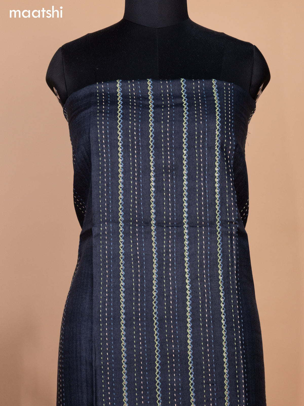 Black Pure Tussar Dress Material With Allover Sequin & Kantha Stitch Work