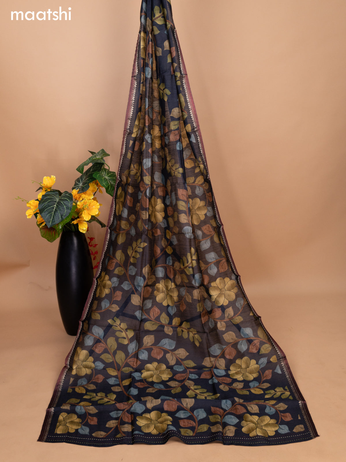 Black Pure Tussar Dress Material With Allover Sequin & Kantha Stitch Work