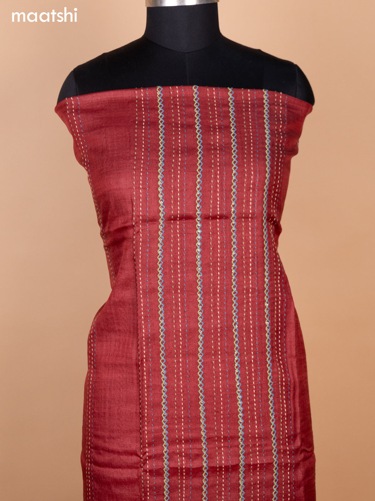 Maroon Pure Tussar Dress Material With Allover Sequin & Kantha Stitch Work