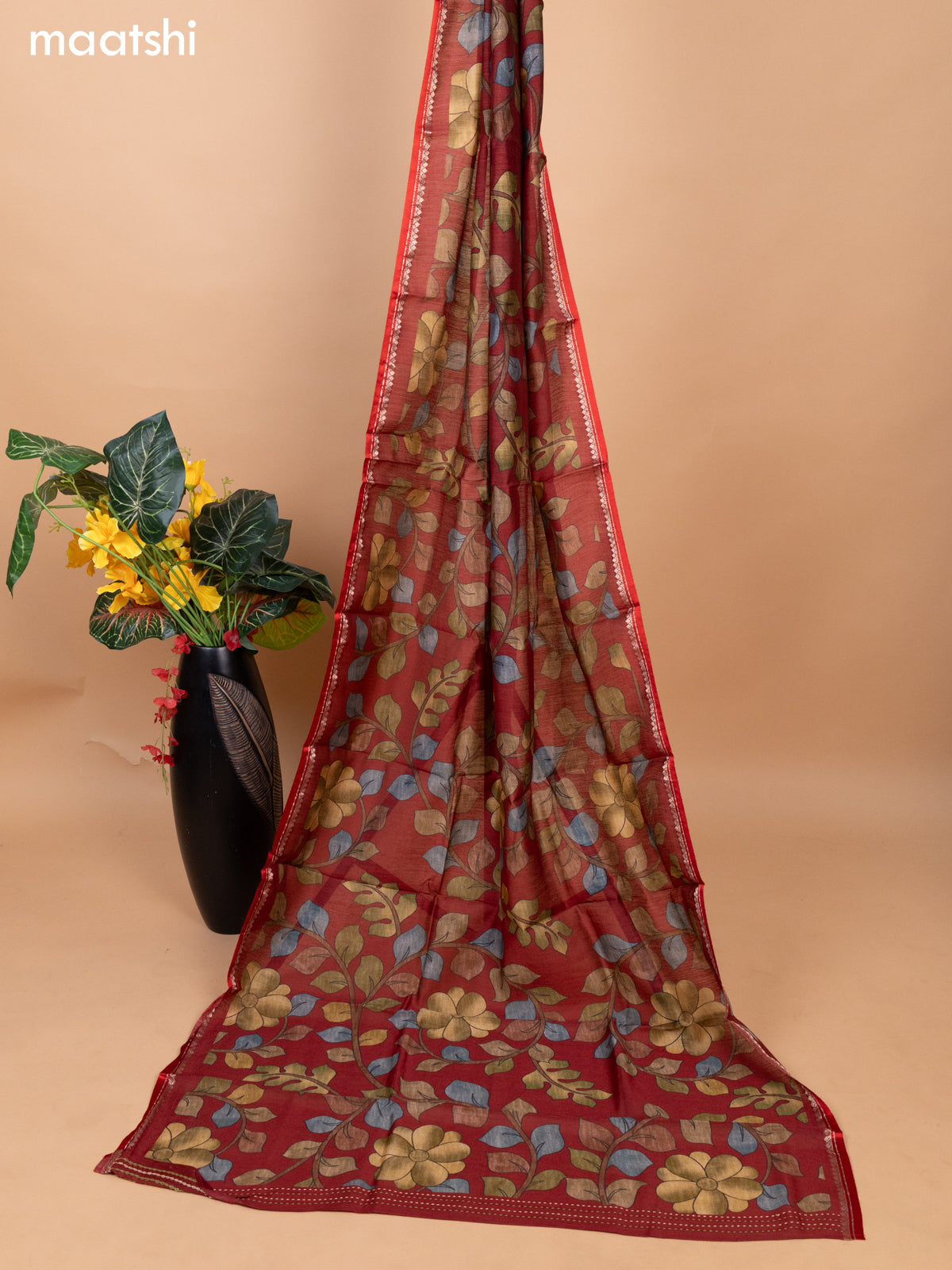 Maroon Pure Tussar Dress Material With Allover Sequin & Kantha Stitch Work