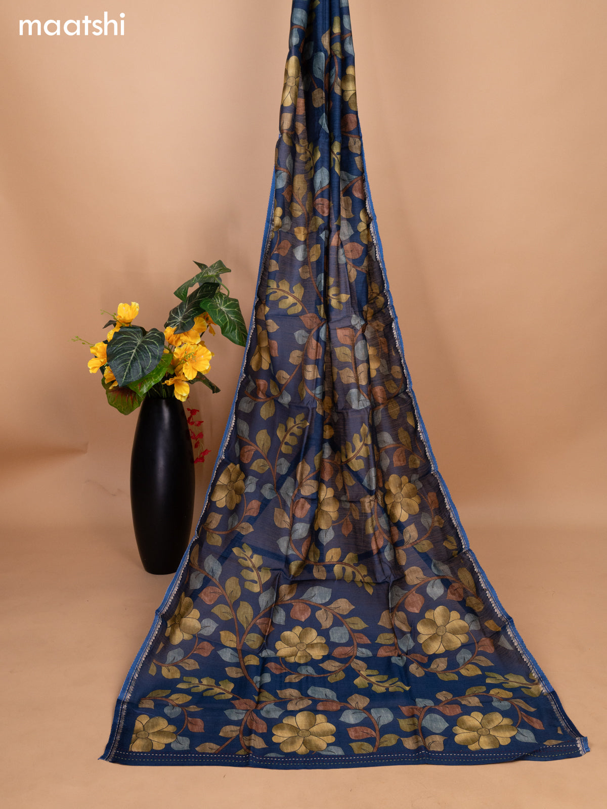 Peacock Blue Pure Tussar Dress Material With Allover Sequin & Kantha Stitch Work