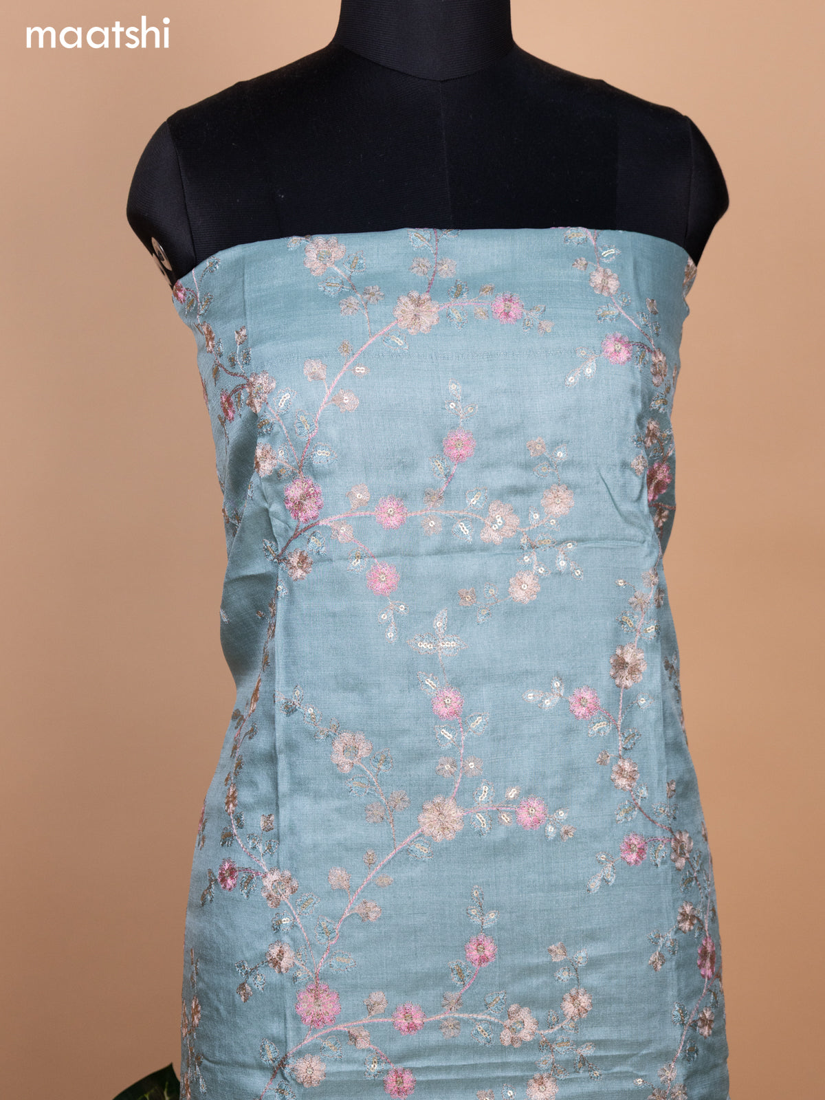 Pastel Blue Pure Tussar Dress Material With Allover Floral Embroidery Work