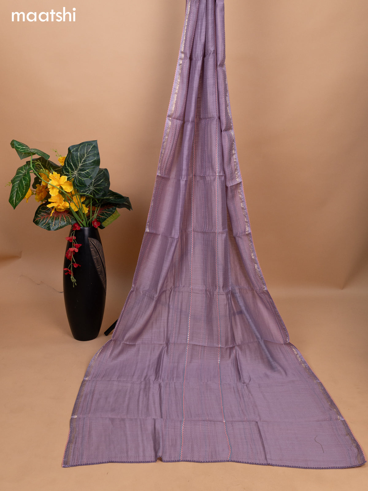 Pastel Lavender Pure Tussar Dress Material With Allover Floral Embroidery Work