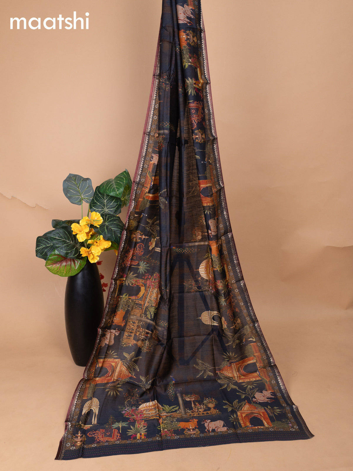 Black Pure Tussar Dress Material With Allover Sequin & Kantha Stitch Work