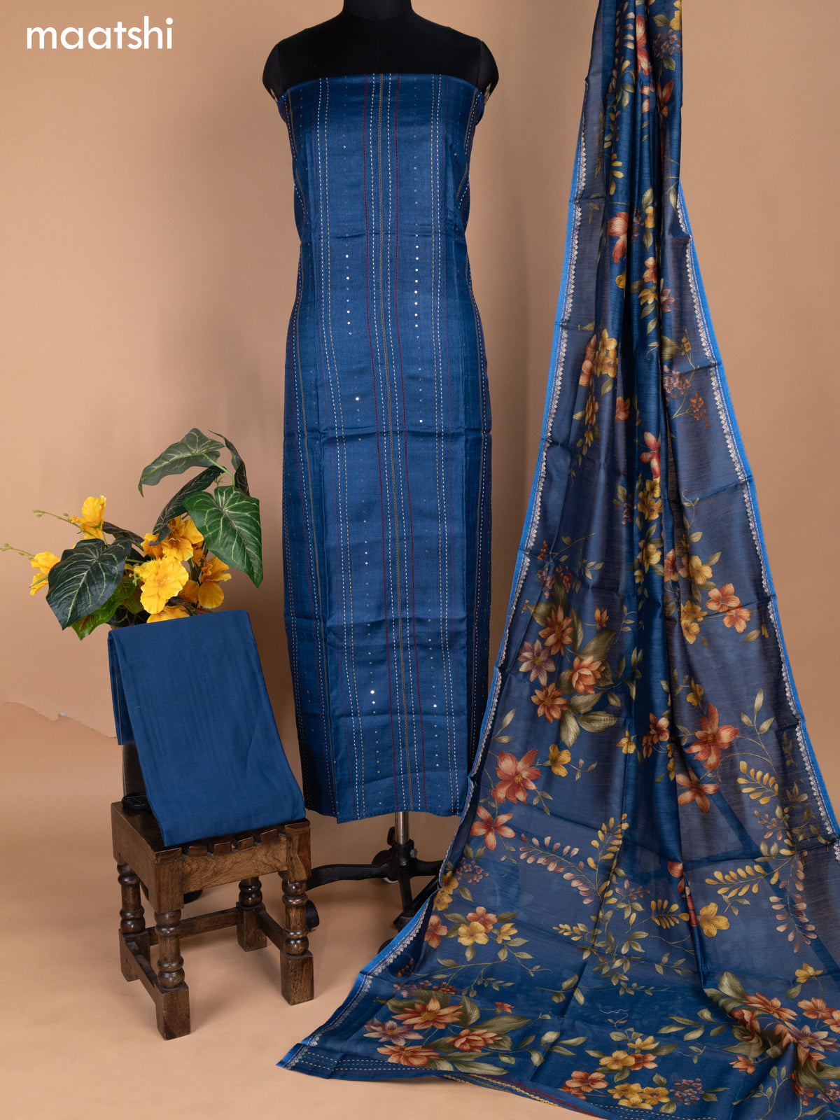 Peacock Blue Pure Tussar Dress Material With Allover Sequin & Kantha Stitch Work