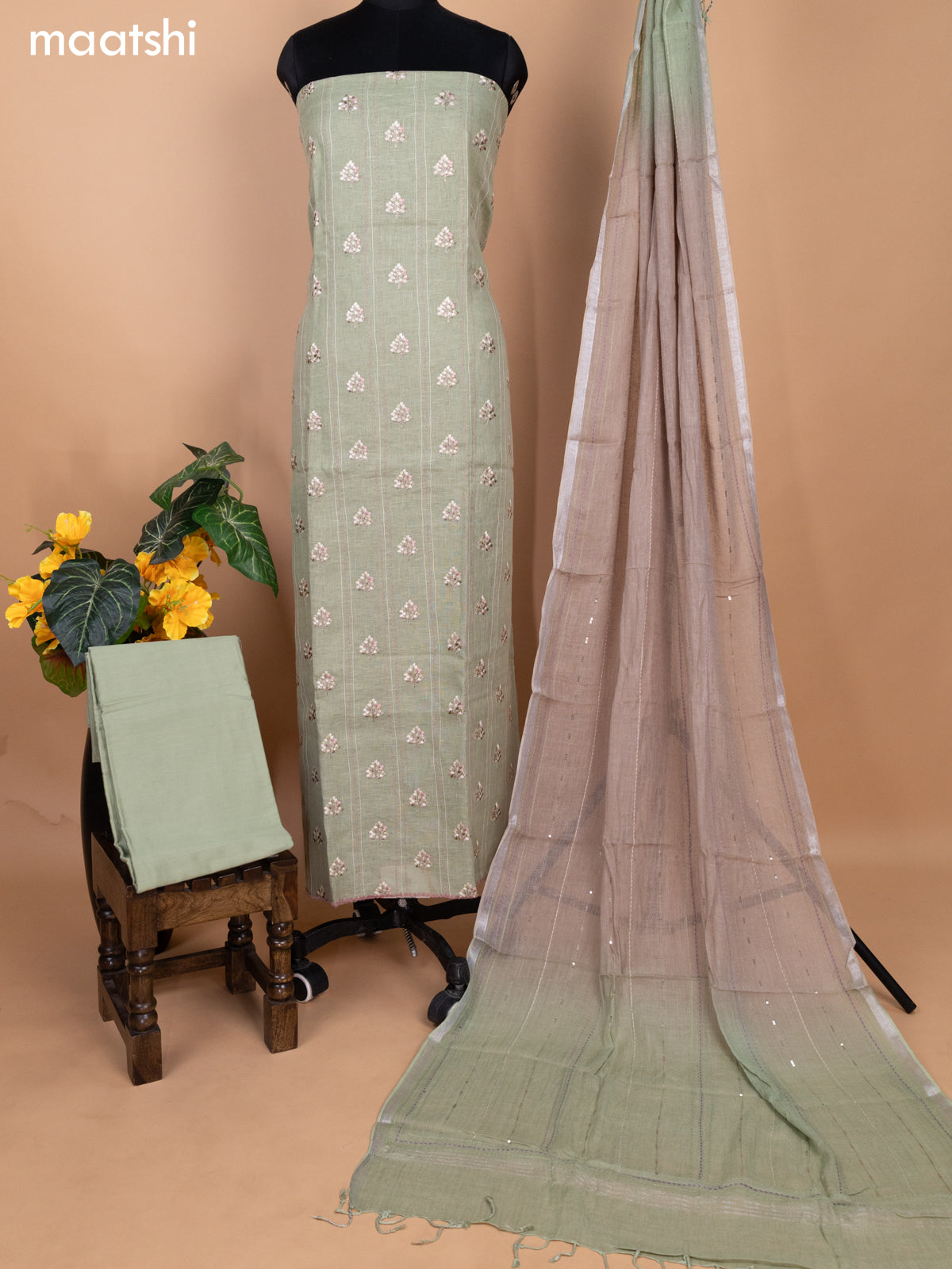 Pastel Green and Beige Linen Cotton Dress Material With Embroidery But Maatshi Pastel Green and Beige Linen Cotton Dress Material With Embroidery But Maatshi
