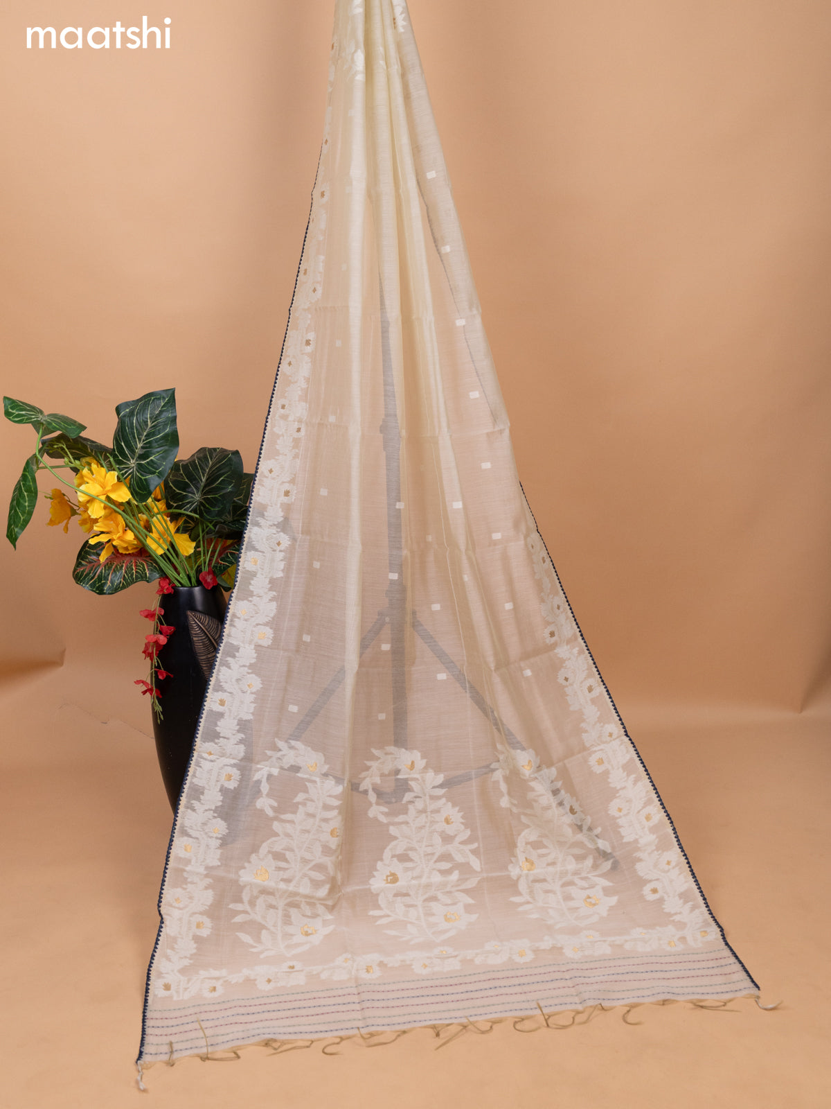 Blue and Beige Cotton Dress Material With Allover Kalamkari Prints & Kantha Stitch Work