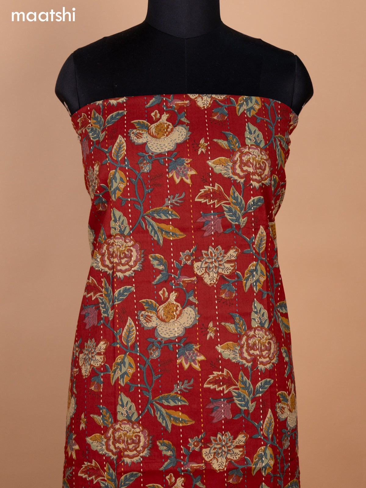 Maroon and Beige Cotton Dress Material With Allover Kalamkari Prints & Kantha Stitch Work