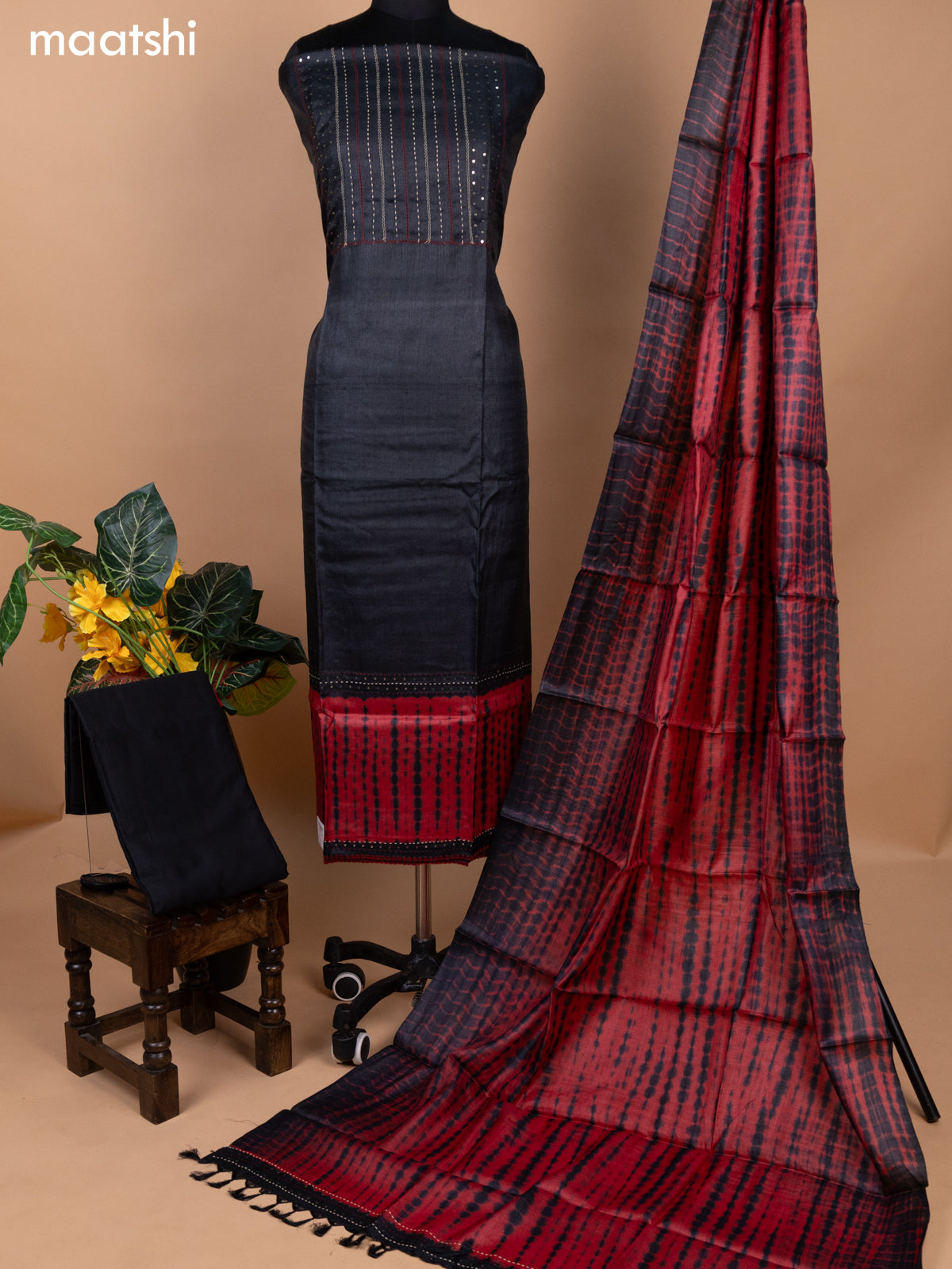 Black and Red Pure Tussar Dress Material With Allover Sequin & Kantha Stitch Work