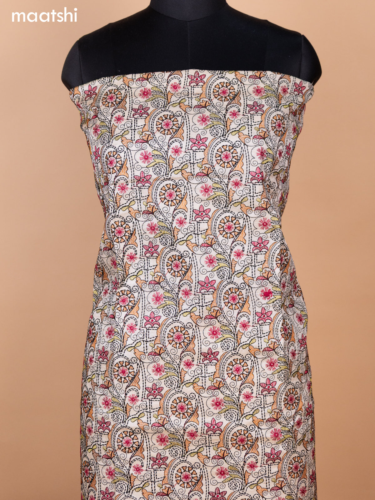 Cream and Pink Pure Tussar Dress Material With Allover Kantha Stitch Work