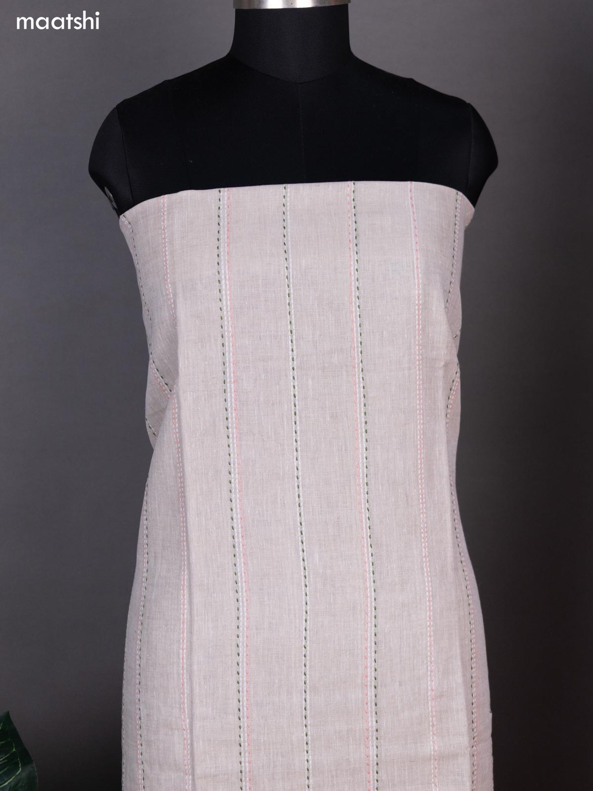 Beige and Peach Pink Linen Cotton Dress Material With Kantha Stitch Work