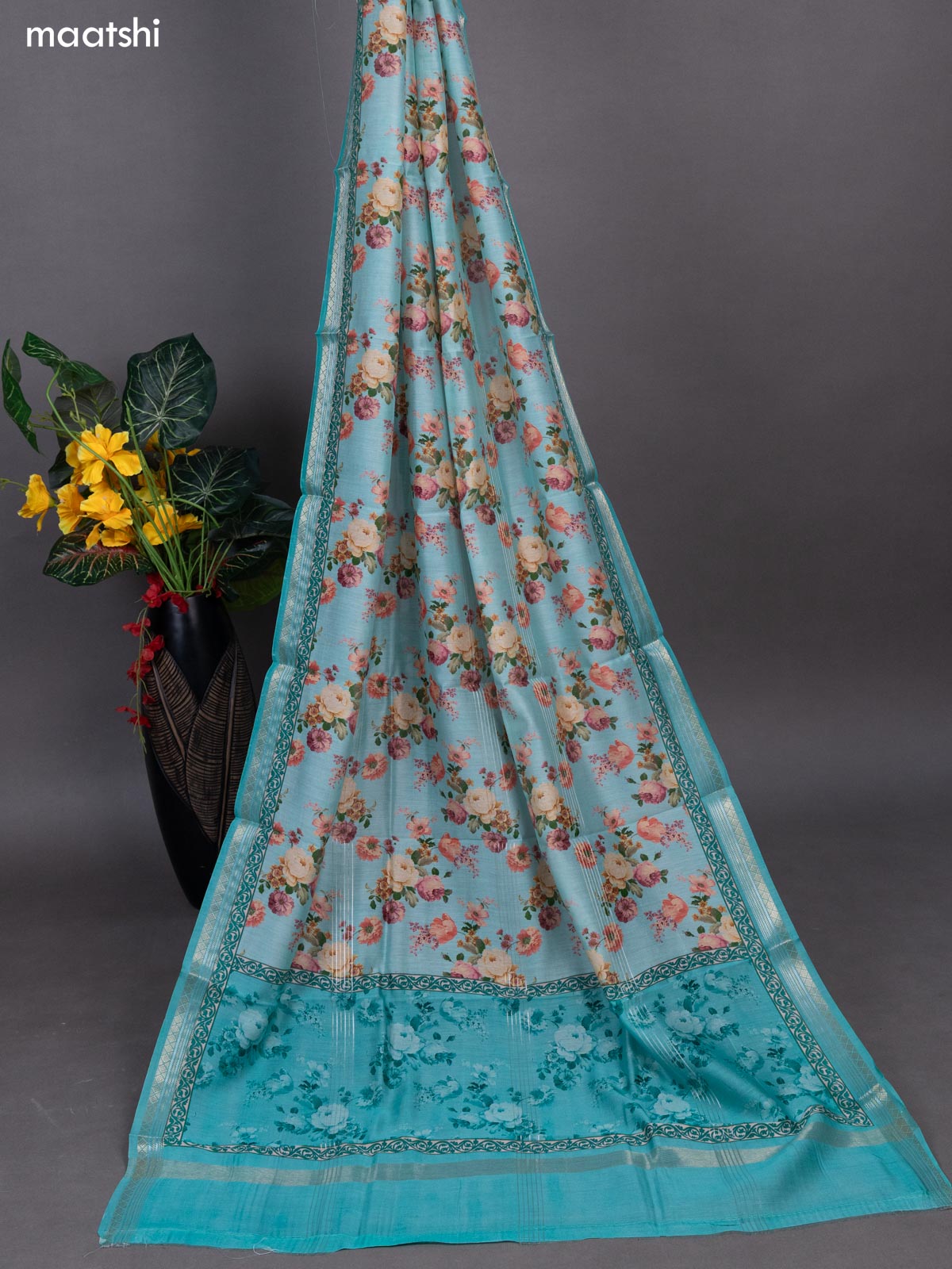 Beige and Teal Shade Linen Cotton Dress Material With Kantha Stitch Work