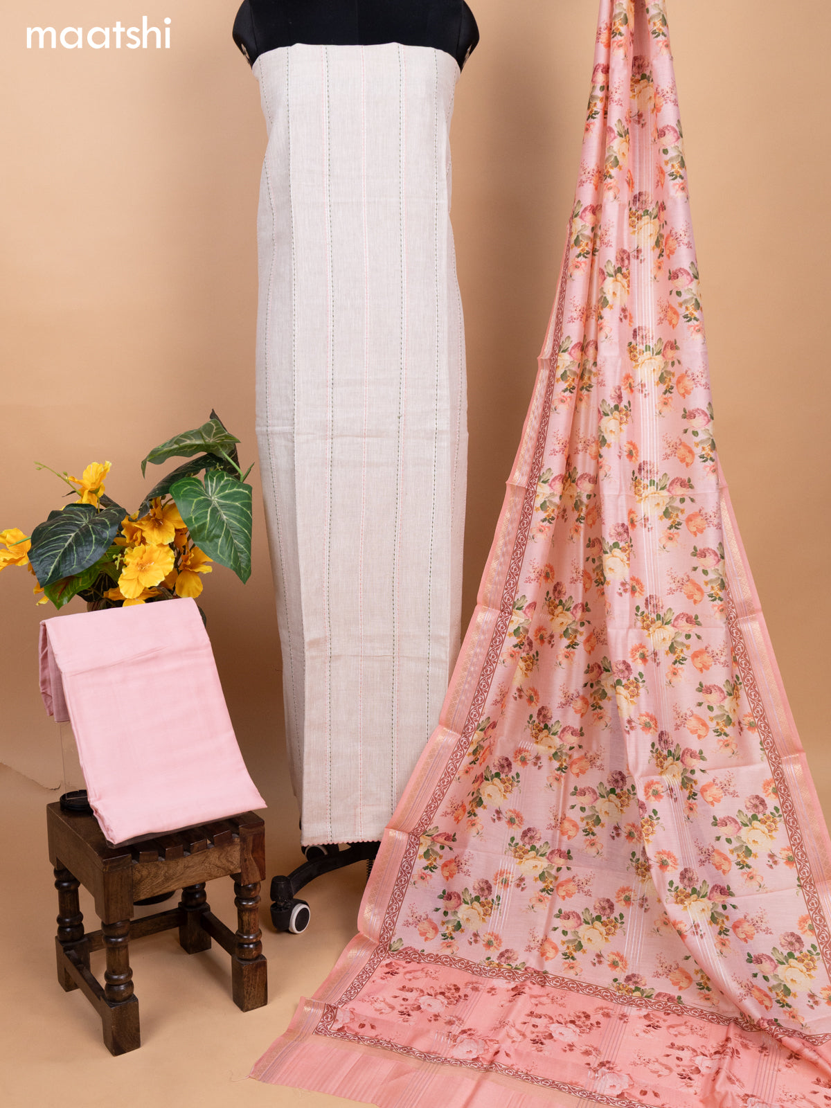 Beige and Peach Shade Linen Cotton Dress Material With Kantha Stitch Work