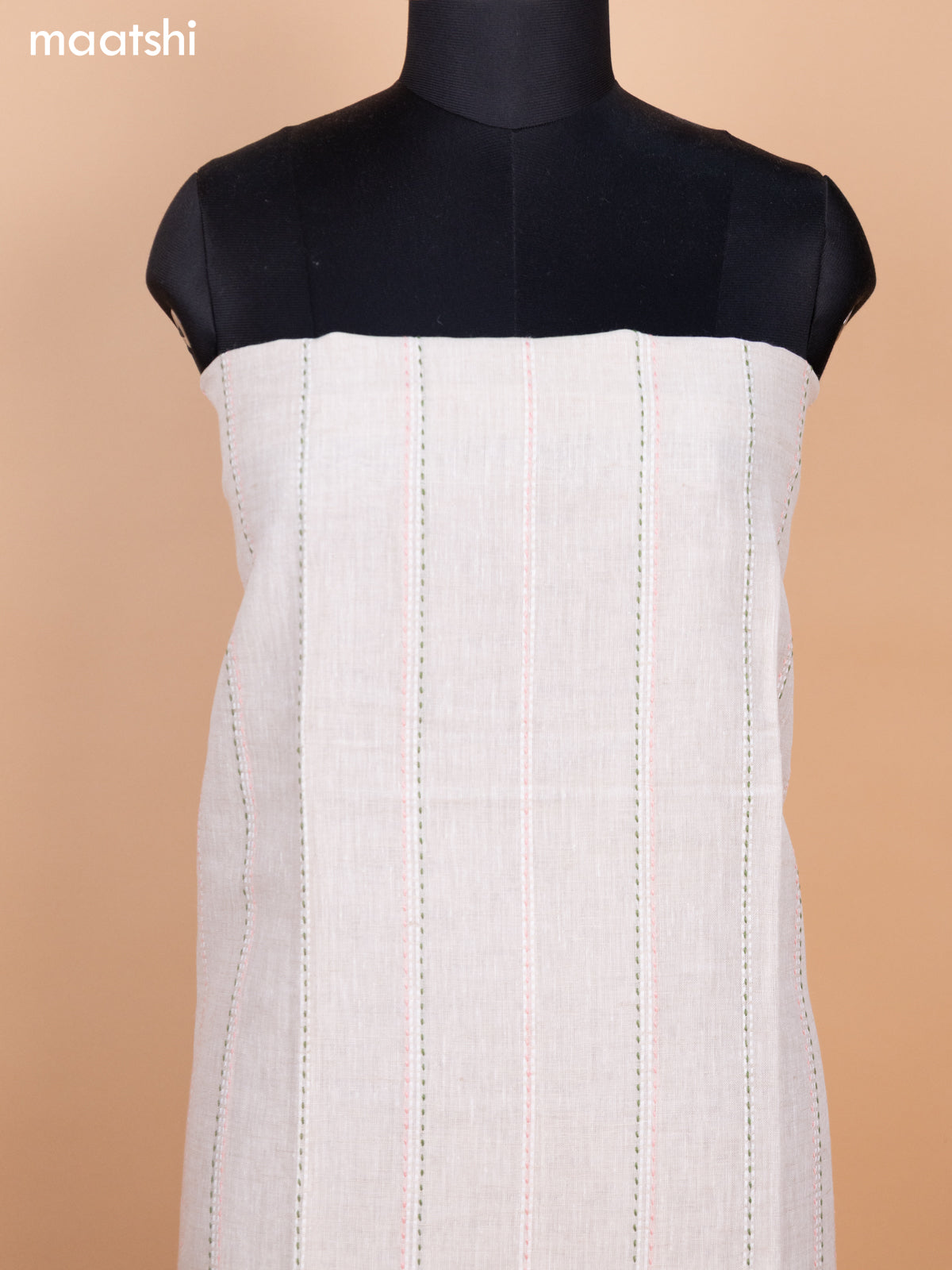 Beige and Peach Shade Linen Cotton Dress Material With Kantha Stitch Work