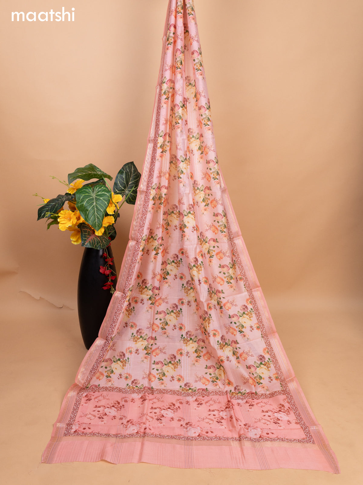 Beige and Peach Shade Linen Cotton Dress Material With Kantha Stitch Work