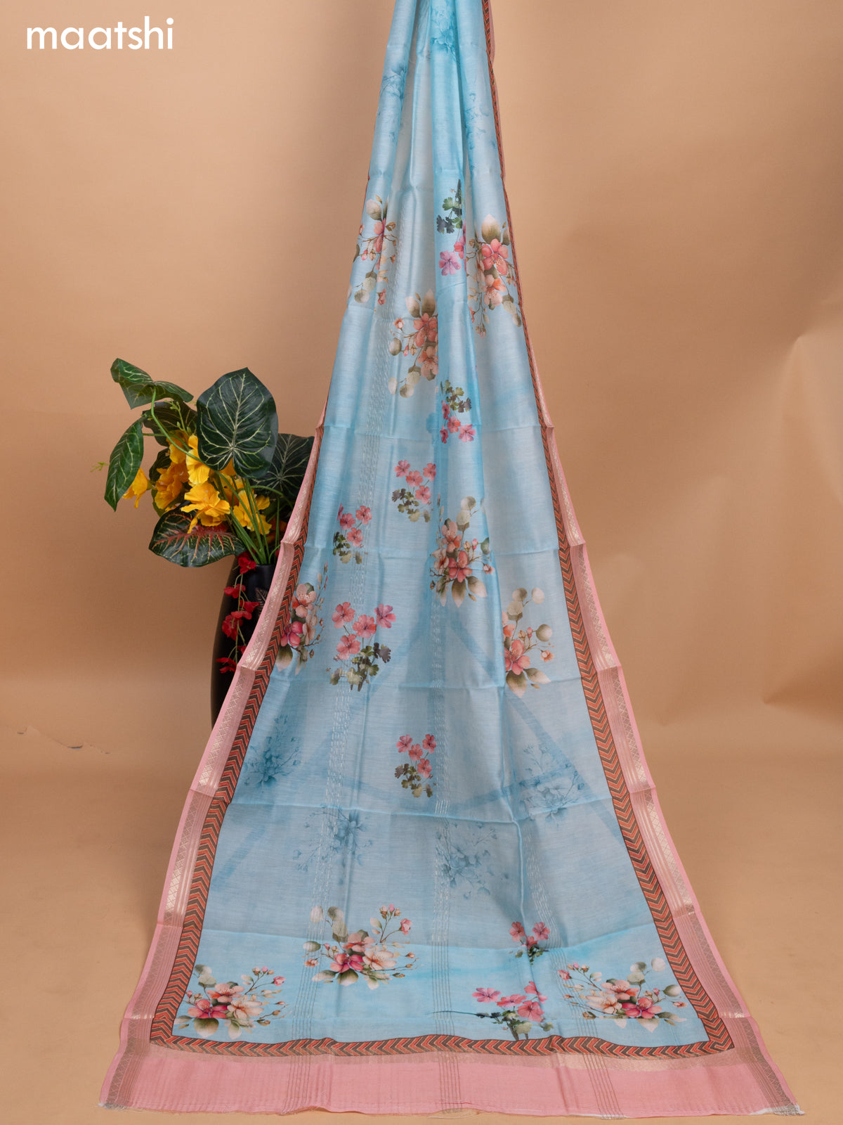 Beige and Teal Blue Linen Cotton Dress Material With Kantha Stitch Work