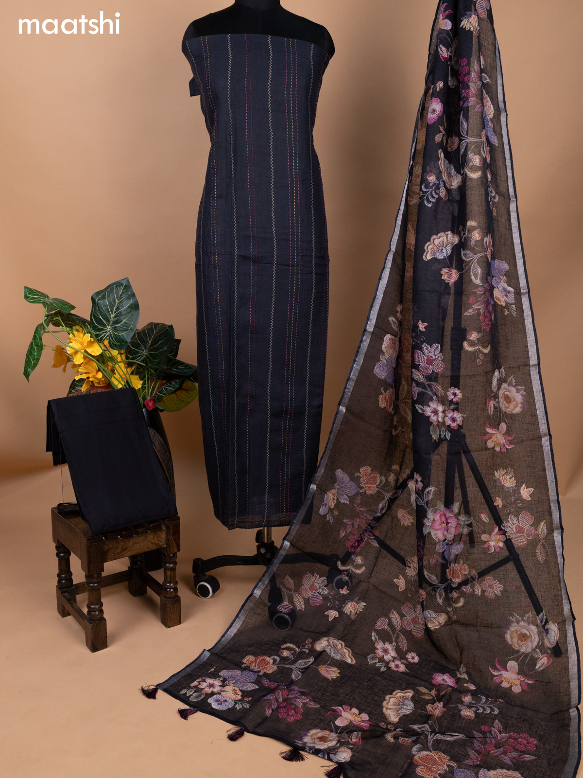 Black Linen Cotton Dress Material With Kantha Stitch Work