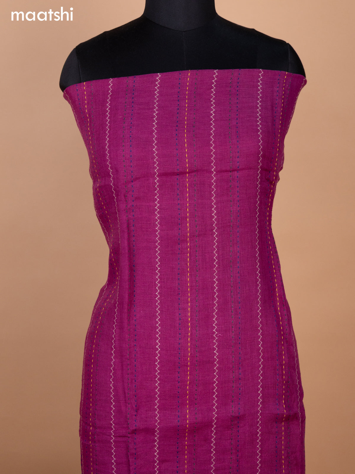 Purple Linen Cotton Dress Material With Kantha Stitch Work
