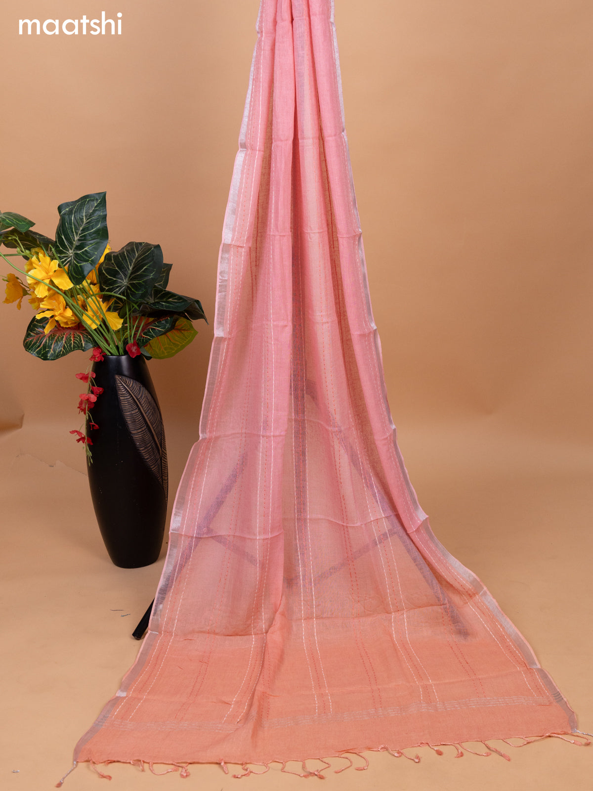 Off White and Peach Pink Linen Cotton Dress Material With Embroidery Work