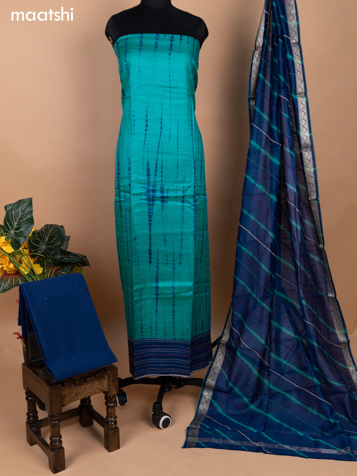 Teal Blue and Peacock Blue Pure Tussar Dress Material With Allover Tie & Dye Prints