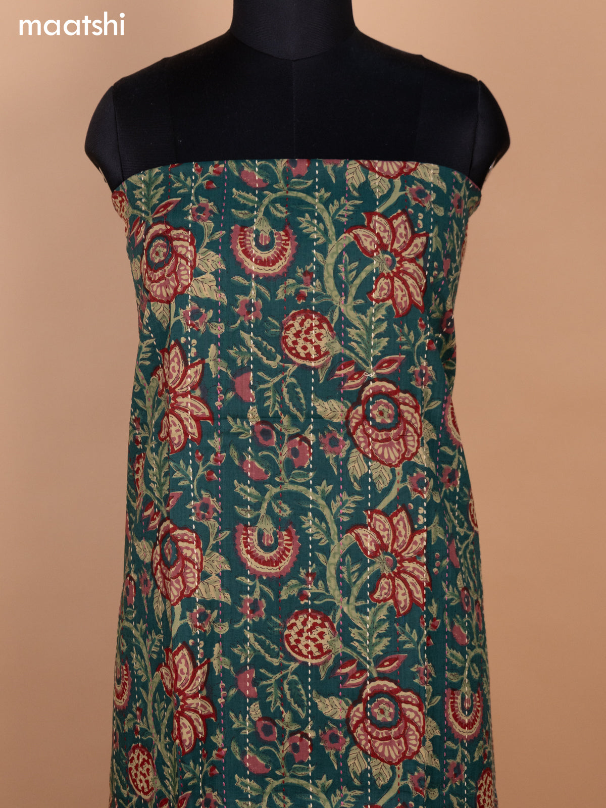 Green and Beige Cotton Dress Material With Allover Kalamkari Prints & Kantha Stitch Work