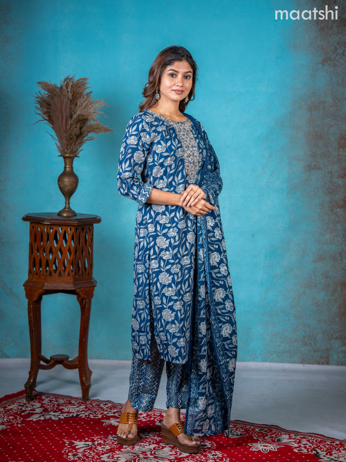 Semi cotton salwar suit peacock blue with allover floral prints & embroidery sequin work neck pattern and straight cut pant & dupatta