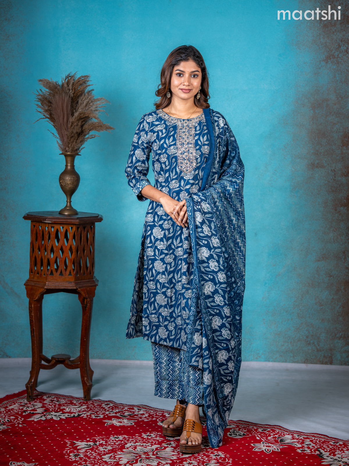 Semi cotton salwar suit peacock blue with allover floral prints & embroidery sequin work neck pattern and straight cut pant & dupatta
