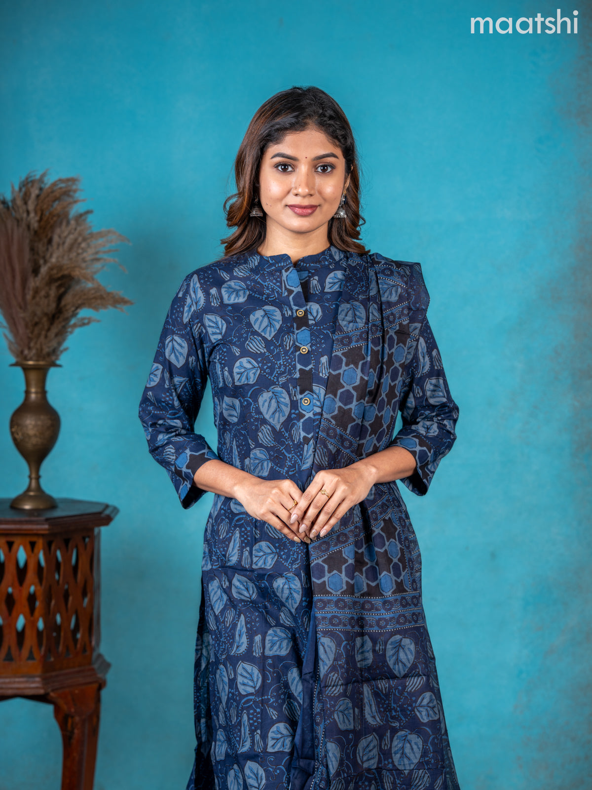 Semi Cotton Salwar Suit Navy Blue And Black With Allover Prints & Collar Neck Pattern And Straight Cut Pant & Dupatta 2XL Semi Cotton Salwar Suit Navy Blue And Black With Allover Prints & Collar Neck Pattern And Straight Cut Pant & Dupatta 2XL