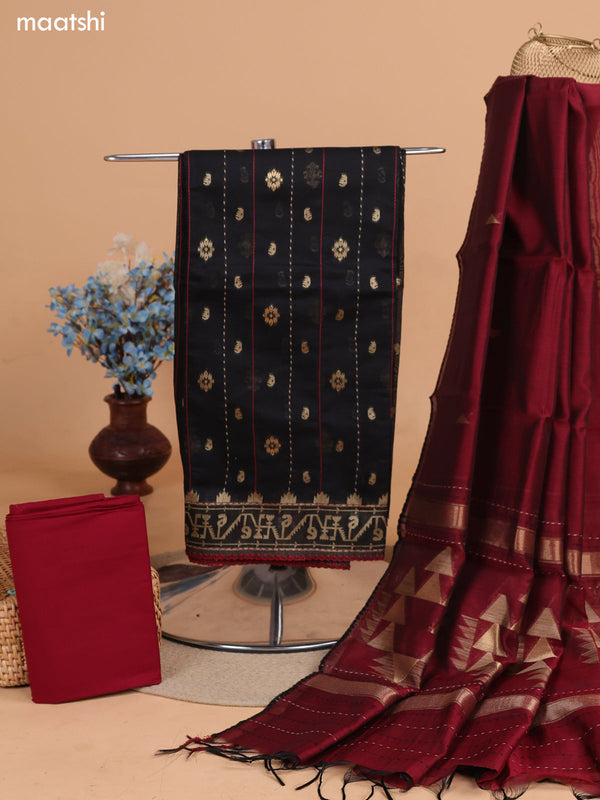Black and Maroon Chanderi Dress Material With Thread Weaves & Kantha Stitch Work Pattern and Bottom & Dupatta
