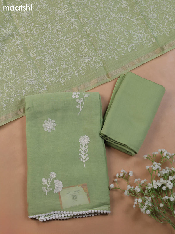 Pastel Green Mul Chanderi Dress Material With Floral Embroidery Work Buttas