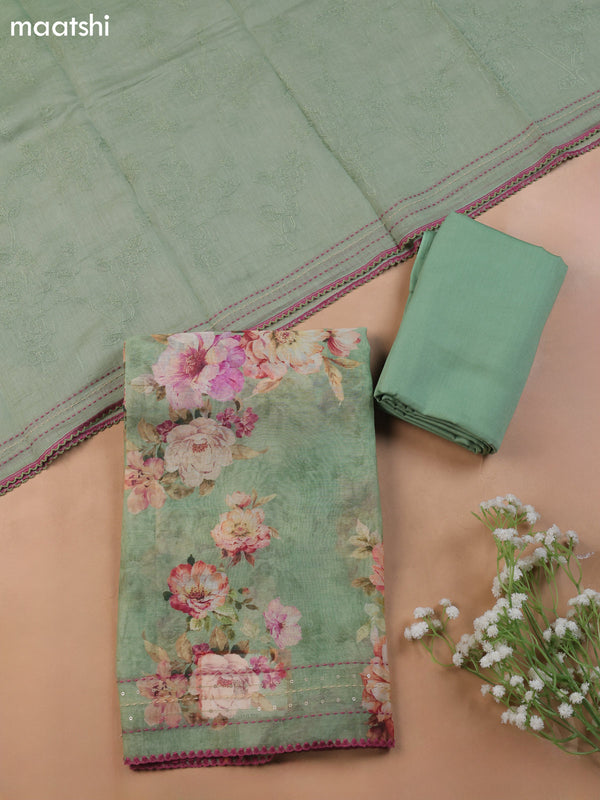 Pastel Green Mul Chanderi Dress Material With Allover Floral Prints