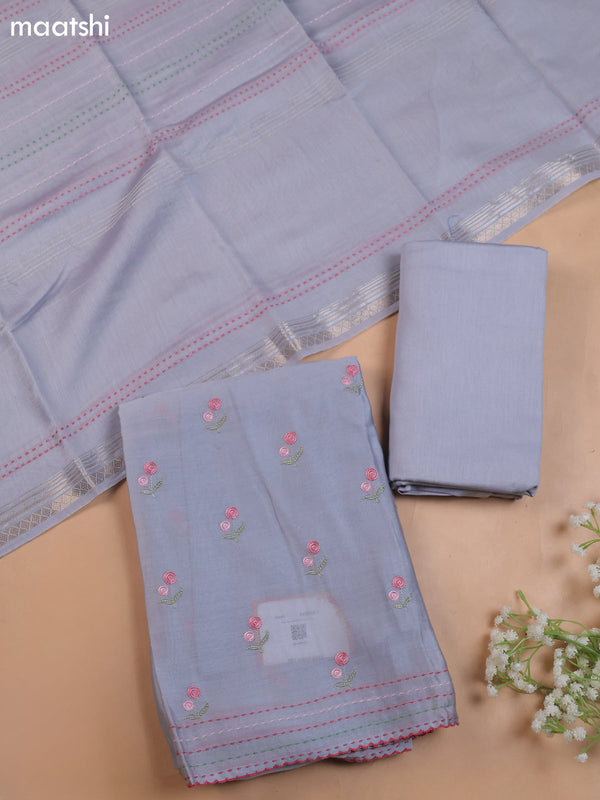 Greyish Blue Mul Chanderi Dress Material With Embroidery Work & Kantha Stitch Work Border