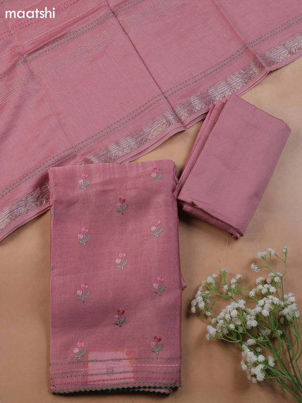 Peach Pink Mul Chanderi Dress Material With Embroidery Work & Kantha Stitch Work Border