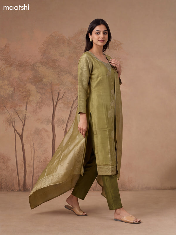 Mehendi Green Tissue Embroidery Work Straight Suit