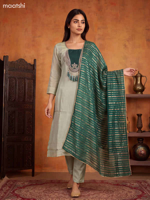 Pastel Green and Green Tissue Embroidery Work A-Line Suit