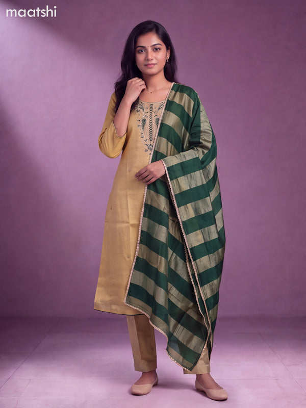 Biege and Green Tissue Embroidery Work Anarkali Suit