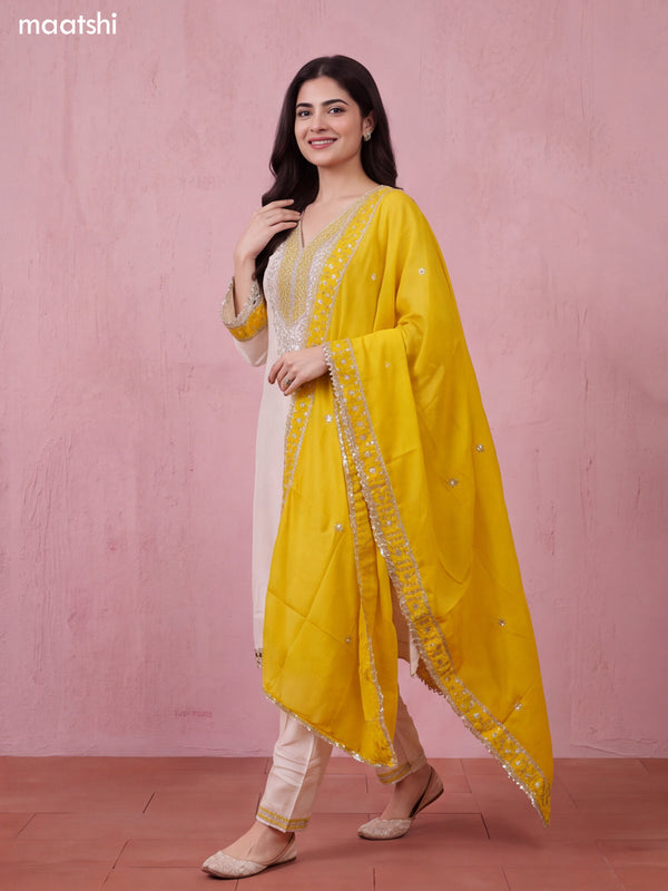 Off White and Mustard Yellow Tissue Embroidery Work Straight Suit