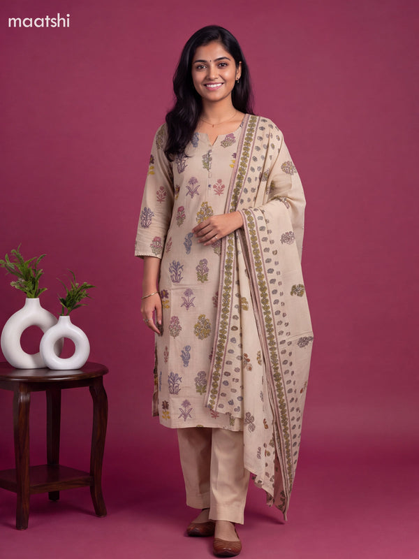 Beige Cotton Floral Printed Straight Suit