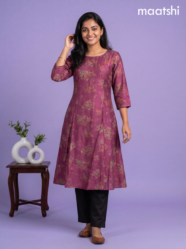 Magenta Pink Art Silk Printed & Simple Embroidery a-Line Kurti