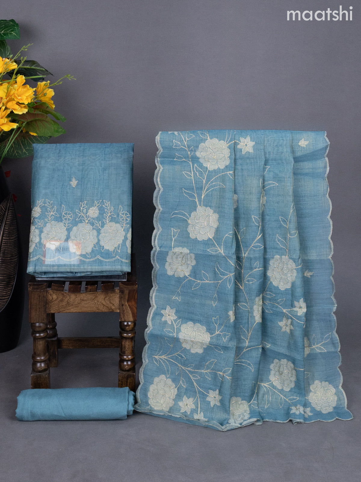 Pastel Blue Shade Tissue Linen Dress Material With Floral Pita Work